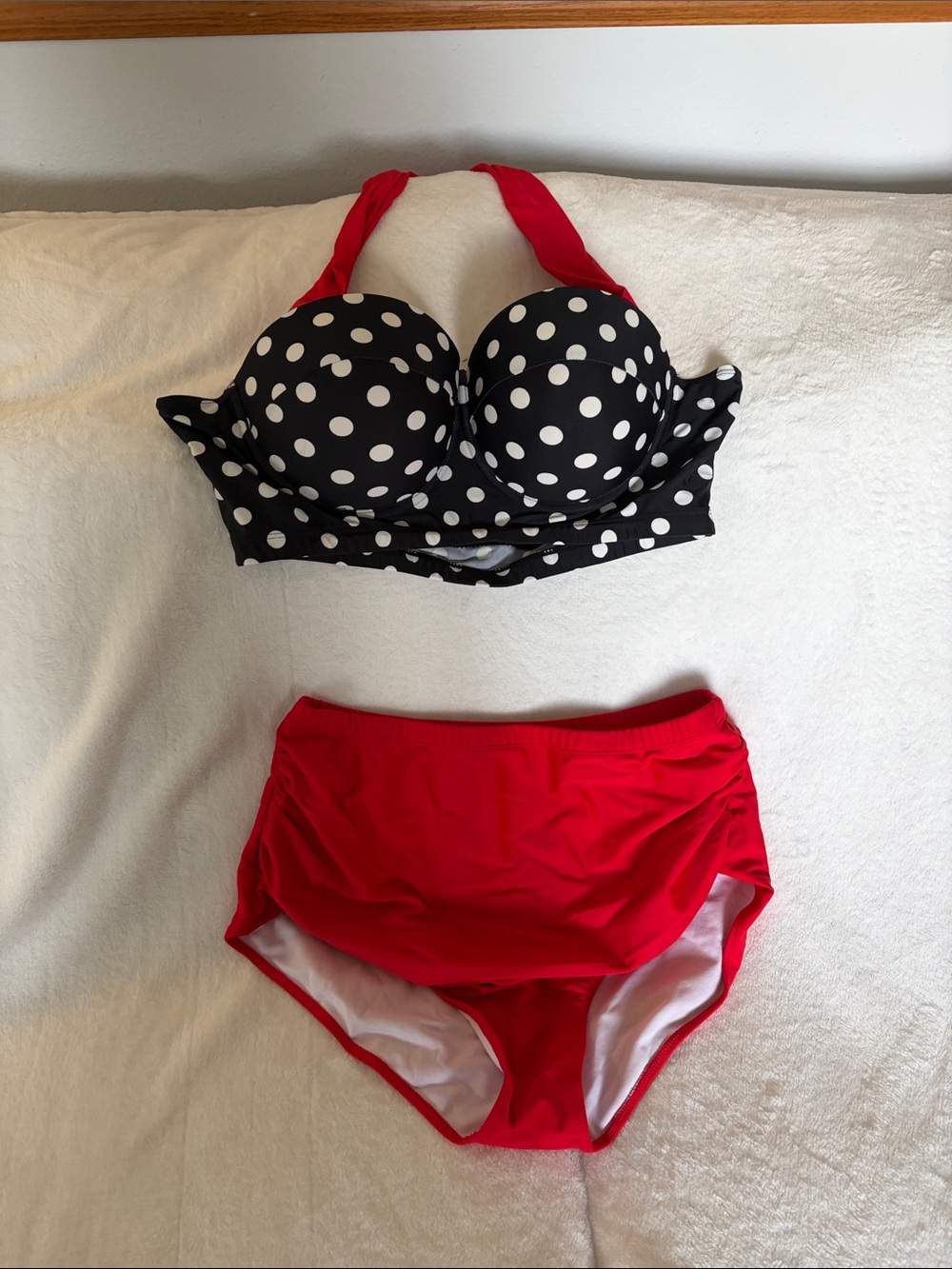 Amazon Black & White Polka Dot Bandeau Bikini Top with Red High-Waist Bottom